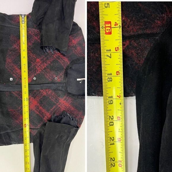 Free People Black Leather Jacket Size Large Suede Buffalo Plaid Grunge Dark Acad - Picture 15 of 16